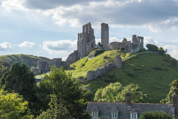 Corfe Castle from the train on the Wareham to Swanage line in Dorset