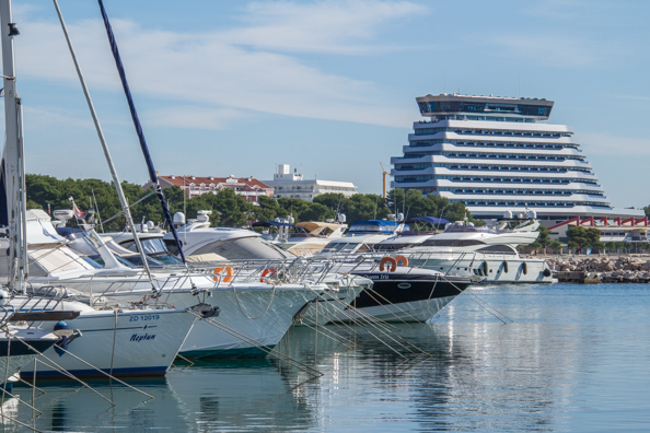 Hotel Olympia Sky in the background, marina in the foreground in Vodice in Croatia