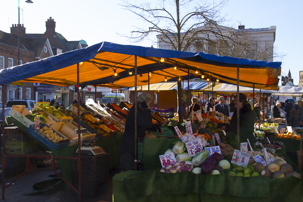 Market stalls in front of the old town hall in St Albans