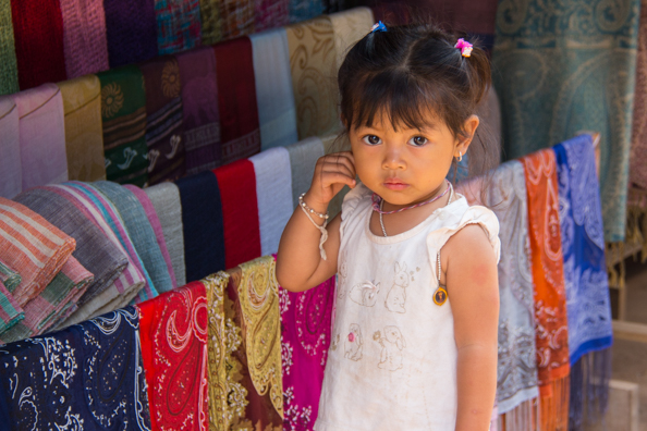 Textiles on sale in the village of Ban Xang Hai on the banks of the Mekong River near Luang Prabang in Laos