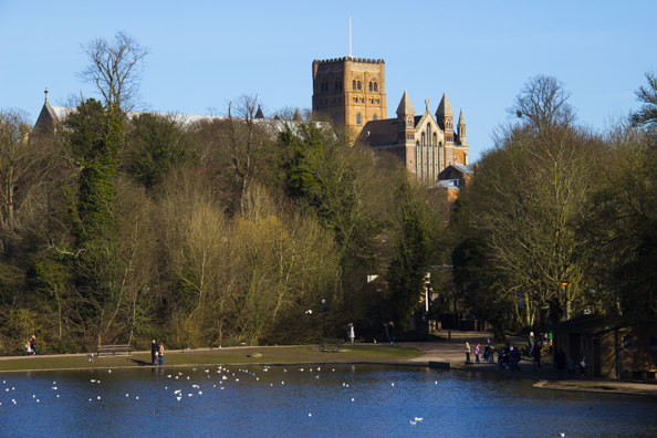 The cathedral behind Verulamium Park in St Albans