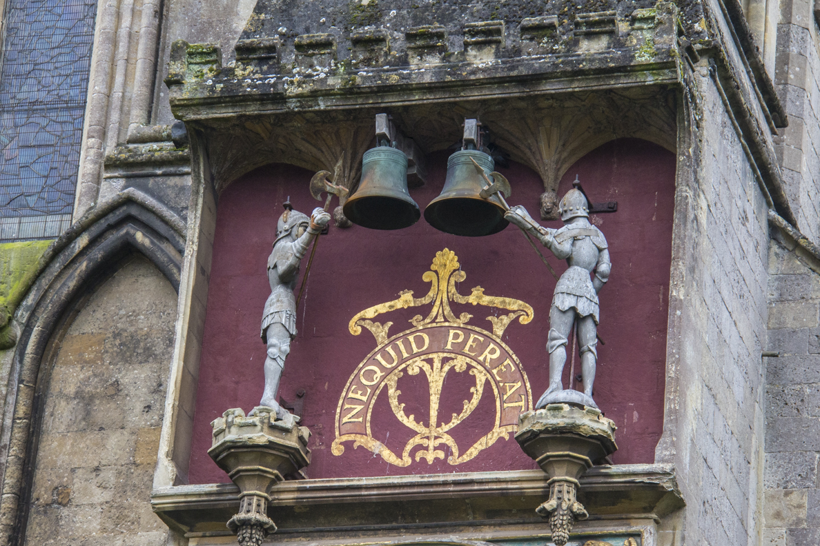 The Quarter Jacks above the external clock on the Cathedral in Wells, Somerset, England   5595