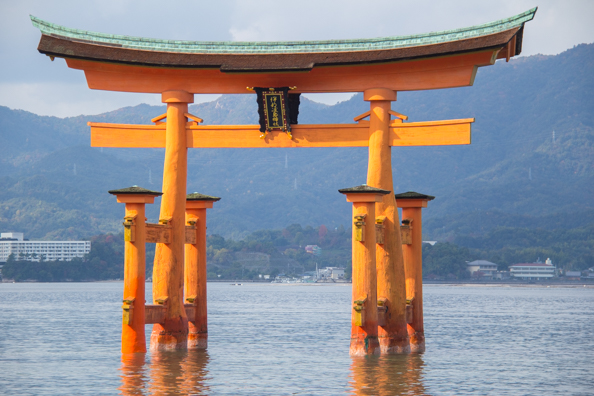 Torii gate of Itsukushima Shrine on Miyajima Island, Hiroshima in Japan