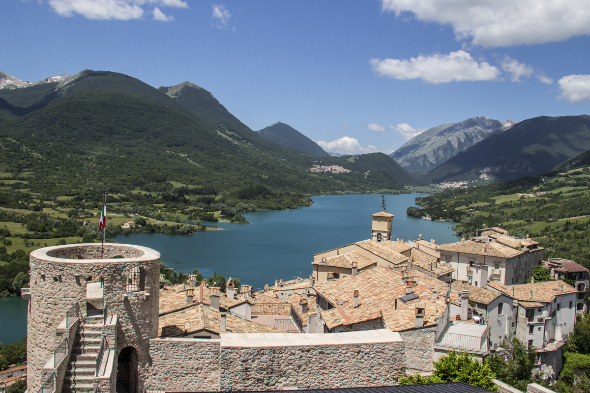 View from the castle in Barrea of the town and Barrea Lake n Abruzzo, italy  0120