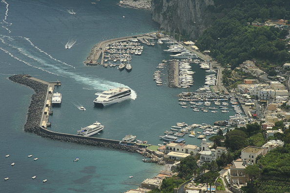 View of Marina Grande from the terrace of La Piazetta in the town of Capri on Capri