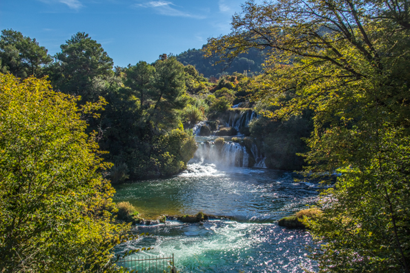 Water flowing over travertine formations in Krka National Park, Dalmatia, Croatia